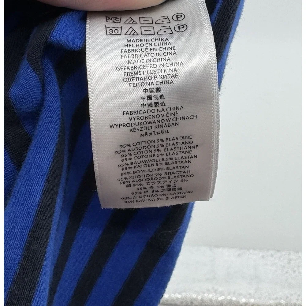 Michael Kors Striped Top Blue Black Zip Shoulder Stretch Slim Rouched Sides Med